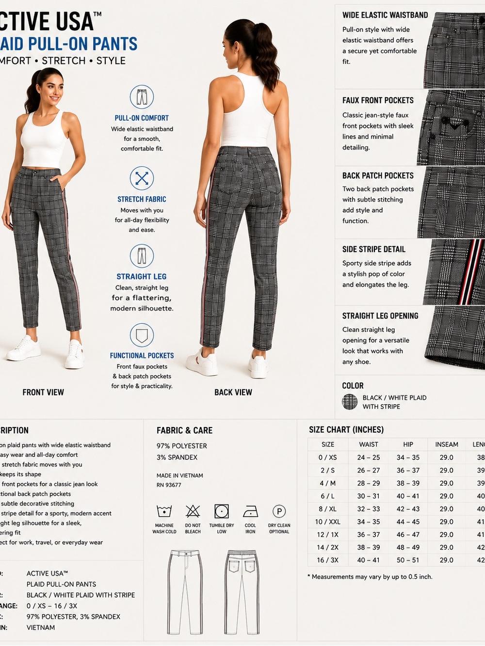 Active USA Black/White Plaid Straight-Leg Pull-On Pants with Red Side Stripe